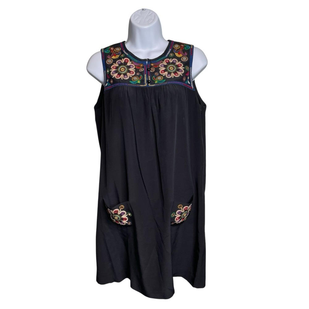 TIBI Women's Black 100% Silk Embroidered Sleeveless Dress Sz 4 Aztec Boho‎ Party